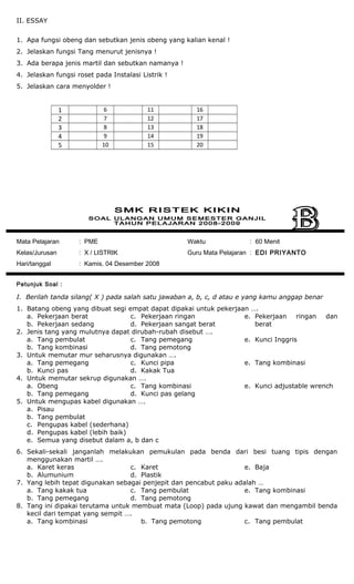 II. ESSAY
1. Apa fungsi obeng dan sebutkan jenis obeng yang kalian kenal !
2. Jelaskan fungsi Tang menurut jenisnya !
3. Ada berapa jenis martil dan sebutkan namanya !
4. Jelaskan fungsi roset pada Instalasi Listrik !
5. Jelaskan cara menyolder !
1 6 11 16
2 7 12 17
3 8 13 18
4 9 14 19
5 10 15 20
Mata Pelajaran : PME
Kelas/Jurusan : X / LISTRIK
Hari/tanggal : Kamis, 04 Desember 2008
Waktu : 60 Menit
Guru Mata Pelajaran : EDI PRIYANTO
Petunjuk Soal :
I. Berilah tanda silang( X ) pada salah satu jawaban a, b, c, d atau e yang kamu anggap benar
1. Batang obeng yang dibuat segi empat dapat dipakai untuk pekerjaan ….
a. Pekerjaan berat
b. Pekerjaan sedang
c. Pekerjaan ringan
d. Pekerjaan sangat berat
e. Pekerjaan ringan dan
berat
2. Jenis tang yang mulutnya dapat dirubah-rubah disebut ….
a. Tang pembulat
b. Tang kombinasi
c. Tang pemegang
d. Tang pemotong
e. Kunci Inggris
3. Untuk memutar mur seharusnya digunakan ….
a. Tang pemegang
b. Kunci pas
c. Kunci pipa
d. Kakak Tua
e. Tang kombinasi
4. Untuk memutar sekrup digunakan ….
a. Obeng
b. Tang pemegang
c. Tang kombinasi
d. Kunci pas gelang
e. Kunci adjustable wrench
5. Untuk mengupas kabel digunakan ….
a. Pisau
b. Tang pembulat
c. Pengupas kabel (sederhana)
d. Pengupas kabel (lebih baik)
e. Semua yang disebut dalam a, b dan c
6. Sekali-sekali janganlah melakukan pemukulan pada benda dari besi tuang tipis dengan
menggunakan martil ….
a. Karet keras
b. Alumunium
c. Karet
d. Plastik
e. Baja
7. Yang lebih tepat digunakan sebagai penjepit dan pencabut paku adalah …
a. Tang kakak tua
b. Tang pemegang
c. Tang pembulat
d. Tang pemotong
e. Tang kombinasi
8. Tang ini dipakai terutama untuk membuat mata (Loop) pada ujung kawat dan mengambil benda
kecil dari tempat yang sempit ….
a. Tang kombinasi b. Tang pemotong c. Tang pembulat
 
