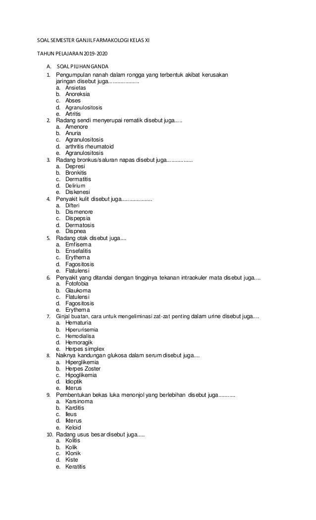Soal Semester Ganjil Farmakologi Kelas Xi