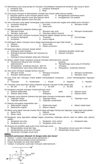 14. Gelombang suara yang sampai di mikropon menyebabkan bergetarnya lembaran tipis yang di sebut :
a. Lembaran pita
b. Lembaran suara
c. Lembaran diafragma
d. Head
e. Coil
15. Cara kerja mikropon di kelompokkan menjadi dua macam salah satunya adalah :
a. Megubah getaran suara menjadi getaran listrik
b. Menimbulkan getaran suara dara getaran listrik
c. Menghasilkan getaran suara dari pita
d. Menggetarkan gelombang listrik
e. menggetarkan coil speaker
16. Jenis mikropon yang dapat menangkap suara secara merata dari segala arah adalah jenis mikropon :
a. Kumparan bergerak
b. Satu arah
c. Dua arah
d. Serba arah
e. Mikropon kristal
17. Nijropon kumparan bergerak disebut juga :
a. Mikropon kristal
b. Mikropon serba arah
c. Mikropon satu arah
d. Mokropon elektro dinamik
e. Mikropon kondensator
18. Bagian utama dari mikropon kumparan bergerak adalah sebagai berikut, kecuali :
a. Lembaran diafragma
b. Kumparan
c. Transistor
d. Kutub magnet
e. Coil tembaga
19. Drafragam dalam mikropun harus dijaga keseimbangannya agar tidak terjadi :
a. Getaran
b. Resonansi
c. Suara noise
d. Elektro dinamikm
e. Resistansi
20. Resonansi dalam mikropon terjadi akibat :
a. Diafragma tidak bergetar
b. Diafragma banyak bergetar dari frekuensi ke
frekuensi
c. Diafragma hanya bergetar pada satu frekuensi
d. Diafragma bergetar sekali saja
e. Getaran mikropon
21. Berikut adalah fungsi rangkaian penguat mikropon elektrodinamik, kecuali :
a. Memperkuat keluaran dari mikropon
elektrodinamik
b. Mendapatkan amplitude keluaran 500 mV
c. Menghilangkan suara desis pada kabel yang
panjang
d. Mempertinggi suara yang di timbulkan
mikropon
e. Menguatkan amplitude keluaran
22. Jenis-jenis mikropon sebagai berikut, kecuali :
a. Mikropon kristal
b. Mikropon elektrodinamik
c. Mikropon kumparan
bergerak
d. Mikropon kondensator
e. Mikropon mono
23. Cara kerja dari mikropon kristal adalah memanfaatkan komponen … untuk membangkitkan tegangan
isolasi :
a. Transistor b. Kondensator c. Kristal d. Kapasitor e. Resistor
24. Transistor yang digunakan pada rangkaian penguat mikropan kristal adalah tipe :
a. BC 107 b. Bc 109 c. SC 829 d. SC 828 e. BC 147
25. Rangkaian penguat mikropon kristal berfungsi untuk :
a. Getaran pada kabel
b. Getaran pada kristal
c. Getaran pada
diafragma
d. Getaran suara
e. Getaran listrik
26. Tegangan yang dialirkan diantara dua plat pada mikropon kondensator adalah :
a. Tegangan isolasi
b. Tegangan polarisasi
c. Tegangan listrik
d. Tegangan kondensator
e. Tegangan suara
27. Elektret merupakan kependekan dari :
a. Elektrostatik magnet
b. Elektronika magnet
c. Elektronika kaset
d. Elektro magnet
e. Elektro stabil kaset
28. Bahan yang dapat memuat muatan listrik tetap sehingga mempunyai tegangan yanag tepat pula,adalah :
a. Bahan frrite
b. Bahan metal
c. Elektret
d. Lyvinil chloride
e. Bahan kaset
29. Rangkaian yang digunakan sebagai bagian pencampur beberapa saluran input ke dalam satu saluran
adalah :
a. Rangkaian pre-amp
b. Rangkaian pre-mic
c. Rangkaian tone control
d. Rangkaian audio micer
e. Rangkaian tape
30. Penguat pre amplifier pada audio mixer berfungsi untuk :
a. Mengendalikan sinyal dari tape
b. Mengendalikan sinyal dari mikropon
c. Mencampur berbagai sinyal input
d. Menguatkan sinyal suara dari mikropon
e. Memperbaiki sinyal suara
ESSAY.
Jawablah pertanyaan dibawah ini dengan jelas dan benar!
1. Tuliskan 3 sistem track pada proses perekaman ?
2. Apa yang dimaksud dengan proses perekaman !
3. Fungsi merangkai pre amp head adalah :
4. Tuliskan 3 komponen utama dari mikropon elektrodinamik :
R2
R1
C2C1
Q1
OUT
IN
+
 