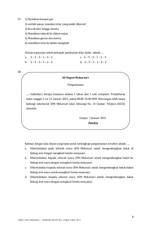 Soal Siswa Berprestasi Sd Tingkat Kecamatan 2018 Guru