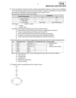8
BIOLOGI SMA/MA IPA
F15
23. Untuk mengetahui pengaruh cahaya terhadap pertumbuhan tanaman, seorang siswa meletakkan
dua tanaman yang sejenis pada tempat yang berbeda. Tanaman A diletakkan di tempat terbuka
dan tanaman B diletakkan di dalam sungkup yang berbentuk kotak.
Hasil percobaan disajikan dalam tabel berikut:
Hasil Pengamatan
Tanaman
A B
1. tinggi tanaman ++ +++
2. lebar daun + +++
3. warna daun hijau segar hijau kekuningan
Keterangan + = rendah / sempit
+ + = sedang
+++ = tinggi / lebar
Kesimpulan yang dapat diambil dari percobaan tersebut adalah ...
A. Daun tanaman B lebih lebar karena banyak mengandung zat makanan
B. Cahaya menghambat pertumbuhan pada tanaman B
C. Daun tanaman B lebih lebar tetapi berwarna hijau kekuningan
D. Tanaman A mempunyai batang yang kokoh daripada tanaman B
E. Cahaya diperlukan untuk pembentukkan klorofil dan fotosintesis
F.
24. Hasil percobaan enzim katalase menggunakan potongan hati dan H2O2 adalah sebagai berikut …
No. Potongan hati + Perlakuan Gelembung udara Keterangan
1 H2O2 Suhu 30o
C + ++ banyak sekali
+ banyak
tidak ada atau kurang
2 H2O2 Suhu 35o
C ++
3 H2O2 Suhu 75o
C -
4 H2O2 pH 4 -
5 H2O2 pH 7 ++
6 H2O2 pH 13 -
Data di atas menunjukkan bahwa yang mempengaruhi kerja enzim antara lain adalah …
A. Suhu dan pH
B. Potongan hati
C. Jumlah H2O2
D. Banyaknya gelembung
E. Macam substrat
25. Diagram berikut memperlihatkan jalur respirasi aerob.
 