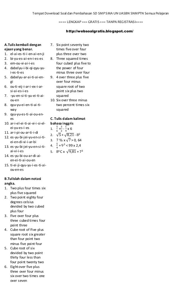 Soal Bahasa Inggris Spelling Alphabet Dan Matematic Symbol