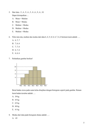5. Dari data : 5 , 6 , 9 , 6 , 5 , 8 , 6 , 9 , 6 , 10 
Dapat disimpulkan … 
A. Mean = Median 
B. Mean = Modus 
C. Median = Modus 
D. Median < Modus 
E. Median > Modus 
6. Nilai rata-rata, median dan modus dari data 6, 4, 5, 8, 8, 4, 7, 6, 6 berturut-turut adalah …. 
A. 6, 7, 7 
B. 7, 6, 6 
C. 7, 7, 6 
D. 6, 7, 6 
E. 6, 6, 6 
7. Perhatikan gambar berikut! 
Berat badan siswa pada suatu kelas disajikan dengan histogram seperti pada gambar. Rataan 
berat badan tersebut adalah …. 
A. 59 kg 
B. 65 kg 
C. 63 kg 
D. 60 kg 
E. 61 kg 
8. Modus dari data pada histogram diatas adalah …. 
A. 65 
2 
 