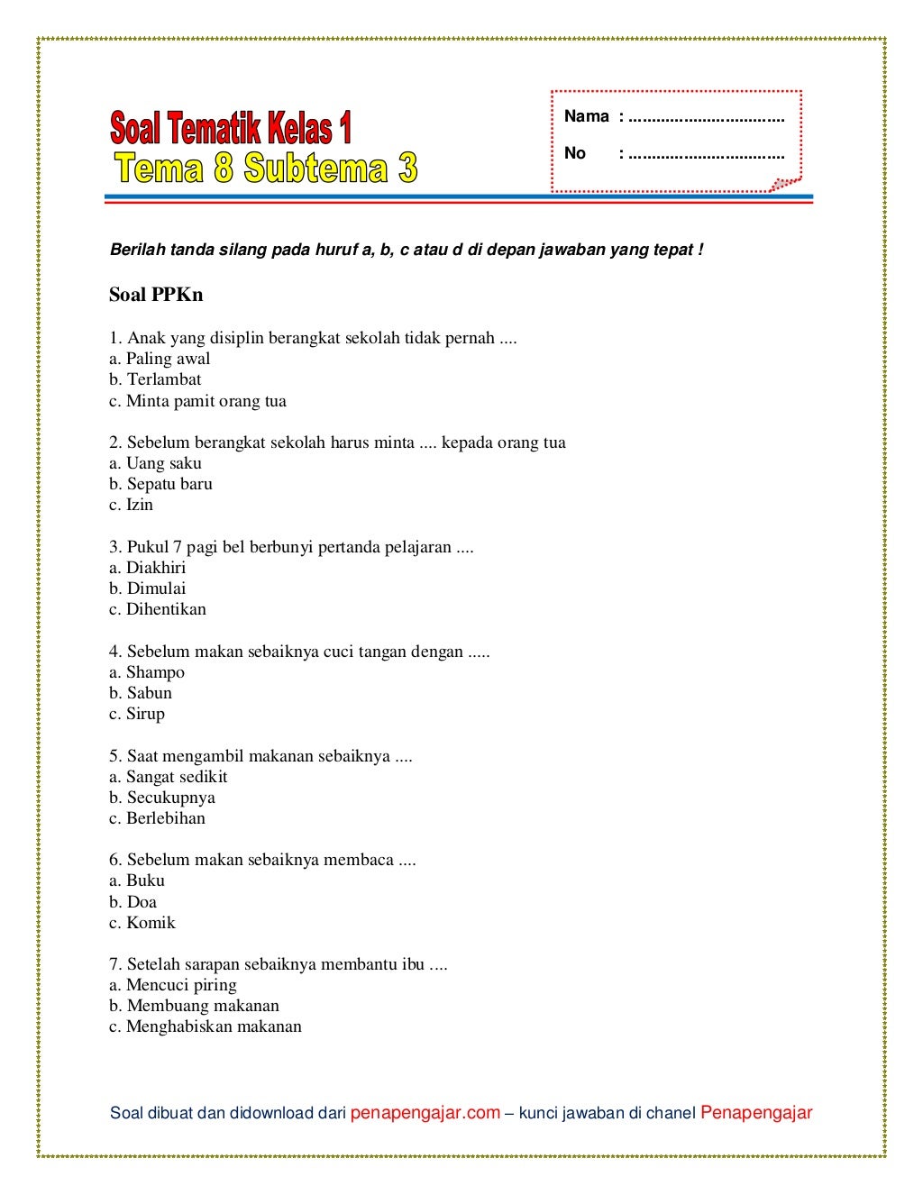 Soal Ulangan Tema 8 Kelas 1