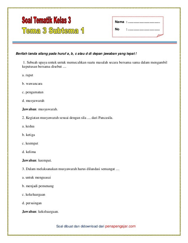 Soal Kls 3 Tema Satu Dua Tiga Dan Empat