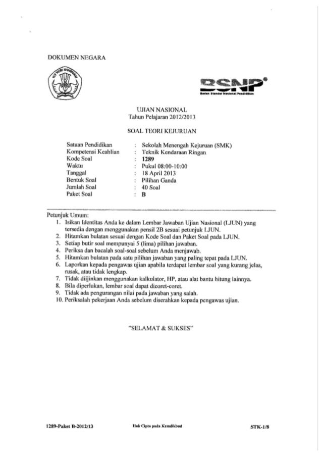 Soal Teori Kejuruan Teknik Kendaraan Ringan 2013 B