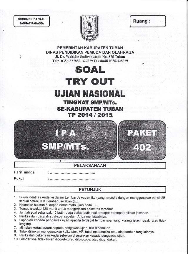 Soal Tryout Kab Ujian Nasional Un Ipa Smp Tahun 2015 Se Kabupaten