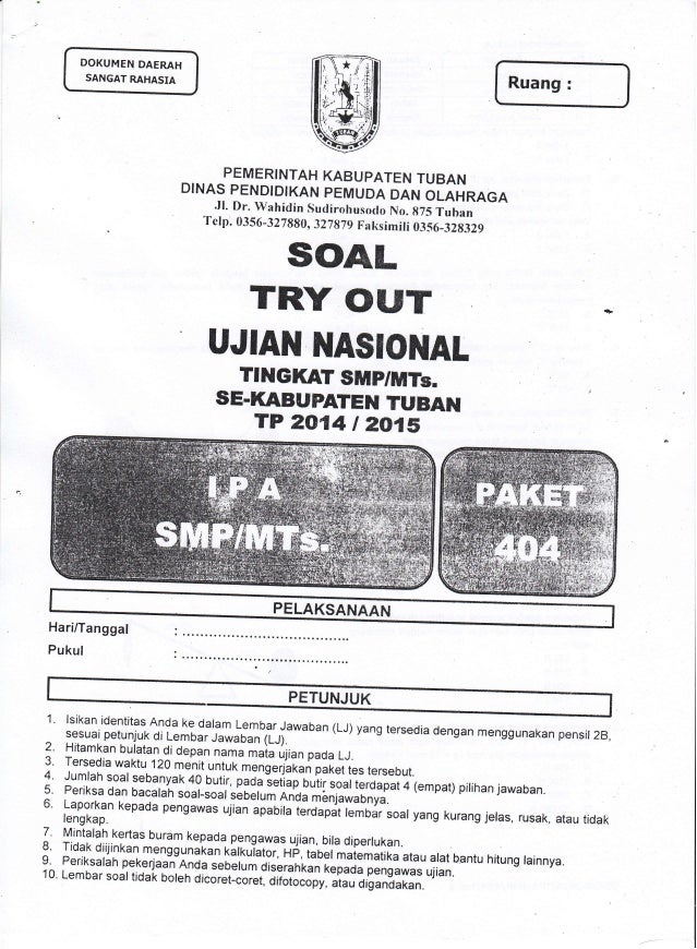 Soal Tryout Kab Ujian Nasional Un Ipa Smp Tahun 2015 Se Kabupaten