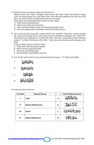 www.belajaragamaislamyok.edukasiislam.com Try Out USBN PAI Tahun Pelajaran 2013 / 2014
6
21. Perhatikan ilustrasi tentang perilaku terpuji berikut ini !
Manusia berasal dari Adam, sedangkan Adam berasal dari tanah. Tidak ada kelebihan bangsa
Arab atas bangsa-bangsa lain yang bukan Arab. Dan tidak ada kelebihan kulit putih atas kulit
hitam, dan tidak ada pula kelebihan kulit hitam atas kulit putih.
Sikap terpuji yang terkandung dalam ilustrasi tersebut adalah….
A. Dalam Islam ada diskriminasi.
B. Dalam Islam tidak ada diskriminasi.
C. Islam membeda-bedakan antara Arab dengan yang bukan Arab
D. Islam memandang adanya perbedaan antara kulit putih dan hitam.
22. Ada seorang pesulap yang tidak mempan ditusuk dan ditembak. Kenyataan tersebut memang
ada, namun perlu diingat bahwa semua kekuatan dan kekebalan itu datangnya dari Allah SWT.
Jika kekuatan atau kekebalan itu diambil oleh Allah, maka akan hilang kekuatan dan kekebalan
tersebut. “La Haula Wala Quwata Illa Billa”. Tiada daya dan kekuatan kecuali datangnya dari
Allah.
Untuk itu sikap yang harus dimiliki adalah....
A. Tidak boleh sombong kepada siapapun.
B. Merasa dirinya yang paling hebat.
C. Dirinyalah yang paling jagoan
D. Harus bersikap arogan kepada yang lain.
23. Ayat Al-Qur‟an di bawah ini yang mengandung hukum bacaan “Al” Qamariyah adalah….
A.
B.
C.
D.
24. Perhatikan tabel berikut ini !
No.Tabel Hukum Bacaan Contoh Hukum Bacaan
I Iqlab a
II Idgham Bilaghunnah b
III Idzhar c
IV Idgham Bighunnah d
 