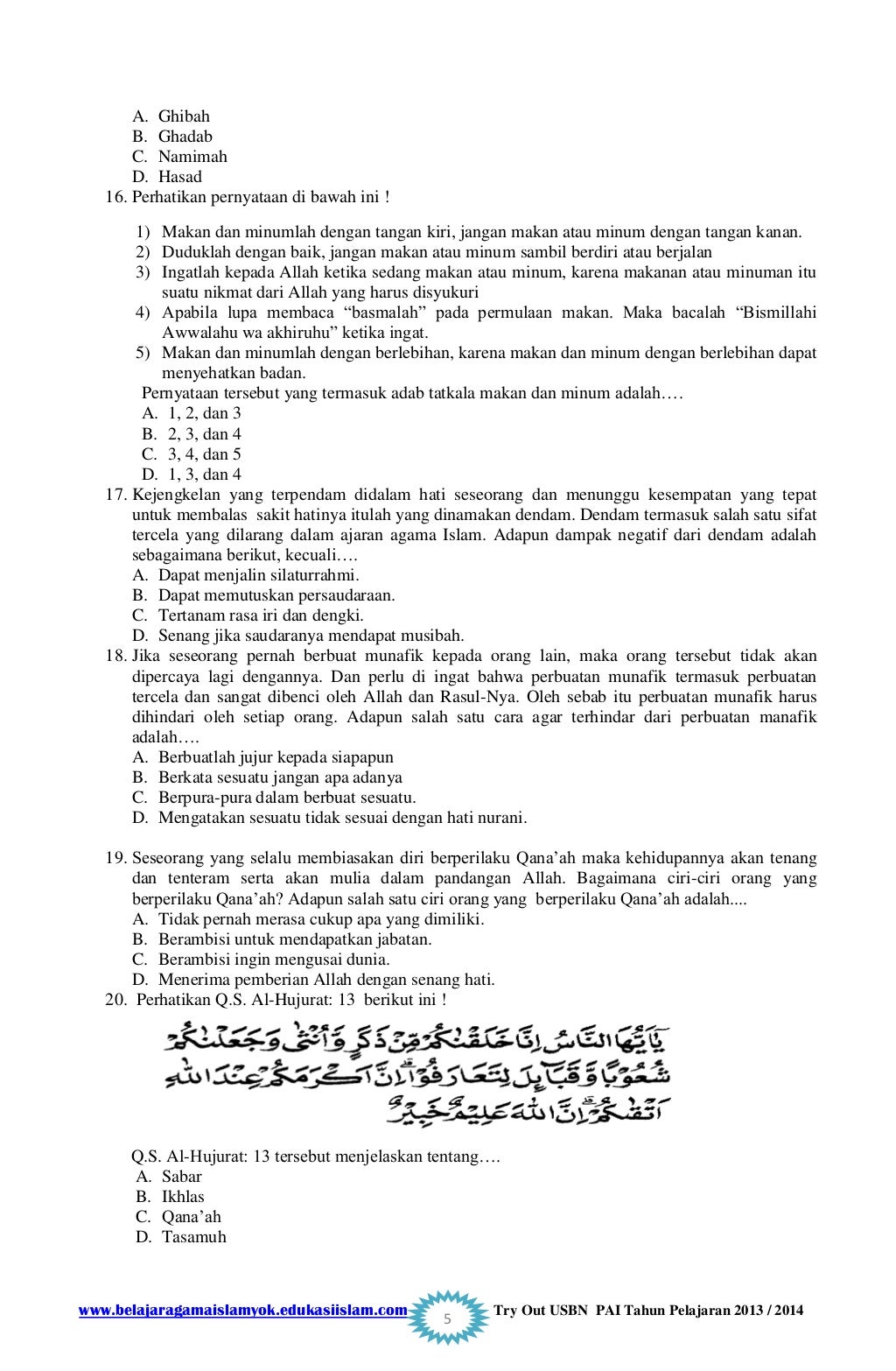 Soal Try Out PAI SMP dan Kunci UASBN 2014 Soal Try Out PAI SMP dan Kunci UASBN 2014