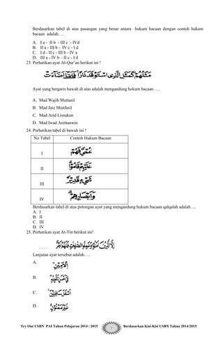 Try Out USBN PAI Tahun Pelajaran 2014 / 2015 Berdasarkan Kisi-Kisi USBN Tahun 2014/2015
7
Berdasarkan tabel di atas pasangan yang benar antara hukum bacaan dengan contoh hukum
bacaan adalah….
A. I a - II b - III c - IVd
B. II a - III b - IV c - I d
C. I d - II c - III b - IV a
D. III a - IV b – II c - I d
23. Perhatikan ayat Al-Qur‟an berikut ini !
Ayat yang bergaris bawah di atas adalah mengandung hokum bacaan ….
A. Mad Wajib Muttasil
B. Mad Jaiz Munfasil
C. Mad Arid Lissukun
D. Mad Iwad Anittanwin
24. Perhatikan tabel di bawah ini !
No Tabel Contoh Hukum Bacaan
I
II
III
IV
Berdasarkan tabel di atas potongan ayat yang mengandung hukum bacaan qalqalah adalah….
A. I
B. II
C. III
D. IV
25. Perhatikan ayat At-Tin berikut ini!
. . . .
Lanjutan ayat tersebut adalah….
A.
B.
C.
D.
 