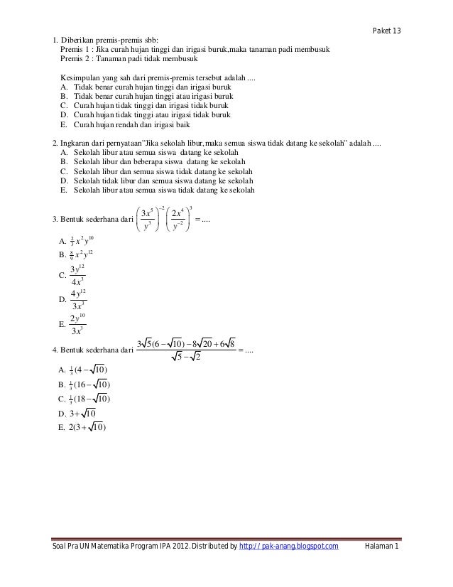 Soal Try Out Un 2012 Sma Matematika Ipa Paket 13