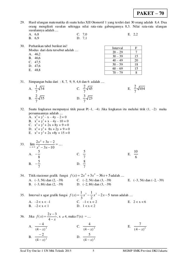 Soal Try Out Ke 1 P 70 Matematika Teknik Kelas Xii
