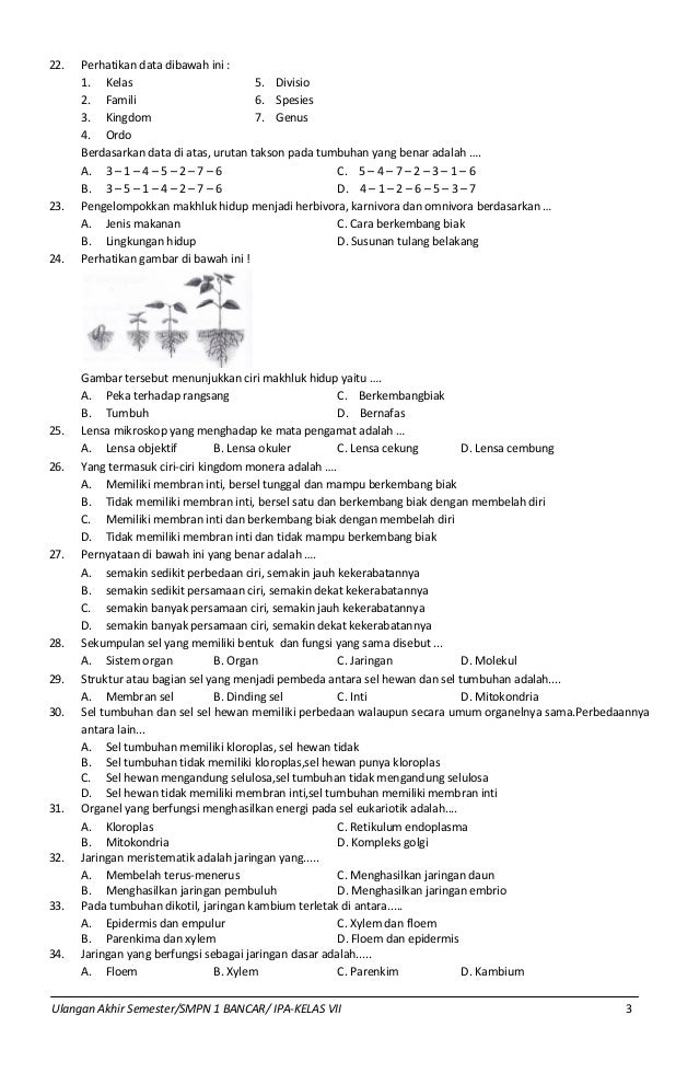 SOAL ULANGAN AKHIR SEMESTER 1 IPA SMP KELAS 7 TAHUN