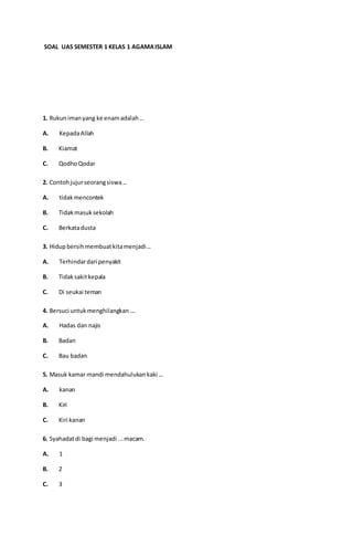 SOAL UAS SEMESTER 1 KELAS 1 AGAMAISLAM
1. Rukunimanyang ke enamadalah…
A. KepadaAllah
B. Kiamat
C. QodhoQodar
2. Contohjujurseorangsiswa...
A. tidakmencontek
B. Tidakmasuksekolah
C. Berkatadusta
3. Hidupbersihmembuatkitamenjadi...
A. Terhindardari penyakit
B. Tidaksakitkepala
C. Di seukai teman
4. Bersuci untukmenghilangkan....
A. Hadas dan najis
B. Badan
C. Bau badan
5. Masuk kamar mandi mendahulukankaki ...
A. kanan
B. Kiri
C. Kiri kanan
6. Syahadatdi bagi menjadi ...macam.
A. 1
B. 2
C. 3
 