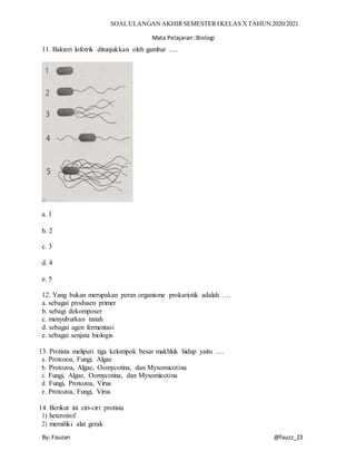 SOALULANGAN AKHIRSEMESTERIKELAS XTAHUN 2020/2021
Mata Pelajaran:Biologi
By; Fauzan @fauzz_23
11. Bakteri lofotrik ditunjukkan oleh gambar ….
a. 1
b. 2
c. 3
d. 4
e. 5
12. Yang bukan merupakan peran organisme prokariotik adalah ….
a. sebagai produsen primer
b. sebagi dekomposer
c. menyuburkan tanah
d. sebagai agen fermentasi
e. sebagai senjata biologis
13. Protista meliputi tiga kelompok besar makhluk hidup yaitu ….
a. Protozoa, Fungi, Algae
b. Protozoa, Algae, Oomycotina, dan Myxomicotina
c. Fungi, Algae, Oomycotina, dan Myxomicotina
d. Fungi, Protozoa, Virus
e. Protozoa, Fungi, Virus
14. Berikut ini ciri-ciri protista
1) heterotrof
2) memiliki alat gerak
 