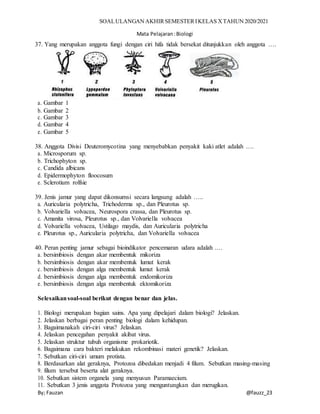 SOALULANGAN AKHIRSEMESTERIKELAS XTAHUN 2020/2021
Mata Pelajaran:Biologi
By; Fauzan @fauzz_23
37. Yang merupakan anggota fungi dengan ciri hifa tidak bersekat ditunjukkan oleh anggota ….
a. Gambar 1
b. Gambar 2
c. Gambar 3
d. Gambar 4
e. Gambar 5
38. Anggota Divisi Deuteromycotina yang menyebabkan penyakit kaki atlet adalah ….
a. Microsporum sp.
b. Trichophyton sp.
c. Candida albicans
d. Epidermophyton floocosum
e. Sclerotium rolfsie
39. Jenis jamur yang dapat dikonsumsi secara langsung adalah …..
a. Auricularia polytricha, Trichoderma sp., dan Pleurotus sp.
b. Volvariella volvacea, Neurospora crassa, dan Pleurotus sp.
c. Amanita virosa, Pleurotus sp., dan Volvariella volvacea
d. Volvariella volvacea, Ustilago maydis, dan Auricularia polytricha
e. Pleurotus sp., Auricularia polytricha, dan Volvariella volvacea
40. Peran penting jamur sebagai bioindikator pencemaran udara adalah .…
a. bersimbiosis dengan akar membentuk mikoriza
b. bersimbiosis dengan akar membentuk lumut kerak
c. bersimbiosis dengan alga membentuk lumut kerak
d. bersimbiosis dengan alga membentuk endomikoriza
e. bersimbiosis dengan alga membentuk ektomikoriza
Selesaikansoal-soal berikut dengan benar dan jelas.
1. Biologi merupakan bagian sains. Apa yang dipelajari dalam biologi? Jelaskan.
2. Jelaskan berbagai peran penting biologi dalam kehidupan.
3. Bagaimanakah ciri-ciri virus? Jelaskan.
4. Jelaskan pencegahan penyakit akibat virus.
5. Jelaskan struktur tubuh organisme prokariotik.
6. Bagaimana cara bakteri melakukan rekombinasi materi genetik? Jelaskan.
7. Sebutkan ciri-ciri umum protista.
8. Berdasarkan alat geraknya, Protozoa dibedakan menjadi 4 filum. Sebutkan masing-masing
9. filum tersebut beserta alat geraknya.
10. Sebutkan sistem organela yang menyusun Paramaecium.
11. Sebutkan 3 jenis anggota Protozoa yang menguntungkan dan merugikan.
 