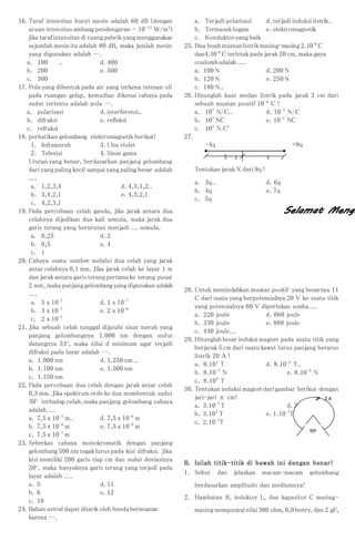 16. Taraf intensitas bunyi mesin adalah 60 dB (dengan 
acuan intensitas ambang pendengaran = 10-12 W/m2) 
jika taraf intensitas di ruang pabrik yang menggunakan 
sejumlah mesin itu adalah 80 dB, maka jumlah mesin 
yang digunakan adalah …. 
a. 100 .. d. 400 
b. 200 e. 500 
c. 300 
17. Pola yang dibentuk pada air yang terkena tetesan oli 
pada ruangan gelap, kemudian dikenai cahaya pada 
sudut tertentu adalah pola …. 
a. polarisasi d. interferensi.. 
b. difraksi e. refleksi 
c. refraksi 
18. perhatikan gelombang elektromagnetik berikut! 
1. Inframerah 3. Ulta violet 
2. Televisi 4. Sinar gama 
Urutan yang benar, berdasarkan panjang gelombang 
dari yang paling kecil sampai yang paling besar adalah 
.... 
a. 1,2,3,4 d. 4,3,1,2.. 
b. 3,4,2,1 e. 4,3,2,1 
c. 4,2,3,1 
19. Pada percobaan celah ganda, jika jarak antara dua 
celahnya dijadikan dua kali semula, maka jarak dua 
garis terang yang berurutan menjadi ... semula. 
a. 0,25 d. 2 
b. 0,5 e. 4 
c. 1 
20. Cahaya suatu sumber melalui dua celah yang jarak 
antar celahnya 0,1 mm. Jika jarak celah ke layar 1 m 
dan jarak antara garis terang pertama ke terang pusat 
2 mm, maka panjang gelombang yang digunakan adalah 
.... 
a. 5 x 10-7 d. 1 x 10-7 
b. 3 x 10-7 e. 2 x 10-8 
c. 2 x 10-7 
21. Jika sebuah celah tunggal dijatuhi sinar merah yang 
panjang gelombangnya 1.000 nm dengan sudut 
datangnya 53o, maka nilai d minimum agar terjadi 
difraksi pada layar adalah …. 
a. 1.000 nm d. 1.250 nm .. 
b. 1.100 nm e. 1.500 nm 
c. 1.150 nm 
22. Pada percobaan dua celah dengan jarak antar celah 
0,3 mm. Jika spektrum orde ke dua membentuk sudut 
30o terhadap celah, maka panjang gelombang cahaya 
adalah.... 
a. 7,5 x 10-5 m.. d. 7,5 x 10-8 m 
b. 7,5 x 10-6 m e. 7,5 x 10-9 m 
c. 7,5 x 10-7 m 
23. Seberkas cahaya monokromatik dengan panjang 
gelombang 500 nm tegak lurus pada kisi difraksi. Jika 
kisi memiliki 200 garis tiap cm dan sudut deviasinya 
30o, maka banyaknya garis terang yang terjadi pada 
layar adalah .... 
a. 5 d. 11 
b. 6 e. 12 
c. 10 
24. Bahan netral dapat ditarik oleh benda bermuatan 
karena …. 
a. Terjadi polarisasi d. terjadi induksi listrik.. 
b. Termasuk logam e. elektromagnetik 
c. Konduktor yang baik 
25. Dua buah muatan listrik masing-masing 2.10-6 C 
dan4.10-6 C terletak pada jarak 20 cm, maka gaya 
coulomb adalah .... 
a. 100 N d. 200 N 
b. 120 N e. 250 N 
c. 180 N.. 
26. Hitunglah kuat medan listrik pada jarak 3 cm dari 
sebuah muatan positif 10-6 C ! 
a. 107 N/C.. d. 10-7 N/C 
b. 107 NC e. 10-7 NC 
c. 107 N.C1 
27. 
-4q +9q 
5 – x x 
Tentukan jarak X dari 9q ! 
a. 3q.. d. 6q 
b. 4q e. 7q 
c. 5q 
28. Untuk memindahkan muatan positif yang besarnya 11 
C dari suatu yang berpotensialnya 20 V ke suatu titik 
yang potensialnya 60 V diperlukan usaha.... 
a. 220 joule d. 660 joule 
b. 330 joule e. 880 joule 
c. 440 joule... 
29. Hitunglah besar induksi magnet pada suatu titik yang 
berjarak 5 cm dari suatu kawat lurus panjang berarus 
listrik 20 A ! 
a. 8.107 T d. 8.10-5 T.. 
b. 8.10-7 N e. 8.10-5 N 
c. 8.105 T 
30. Tentukan induksi magnet dari gambar berikut dengan 
jari-jari π cm! 
a. 3.10-7 T d. 2.107T 
b. 3.107 T e. 1.10-7T 
c. 2.10-7T 
2 A 
90o 
B. Isi lah ti tik-ti tik di bawah ini dengan benar ! 
1. Sebut dan jelaskan macam-macam gelombang 
berdasarkan amplitudo dan mediumnya! 
2. Hambatan R, induktor L, dan kapasitor C masing-masing 
mempunyai nilai 300 ohm, 0,9 henry, dan 2 μF, 
 