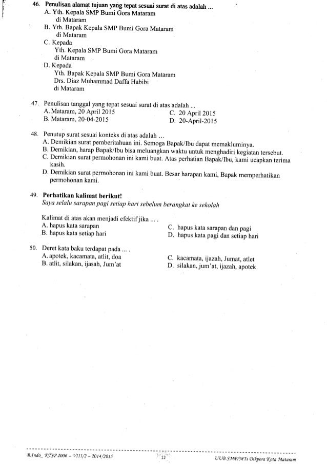 Soal uas genap bahasa indonesia 2014 2015 smp kelas 8 kota