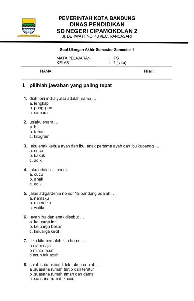 PEMERINTAH KOTA BANDUNG DINAS PENDIDIKAN SD NEGERI CIPAMOKOLAN 2 Jl DERWATI NO