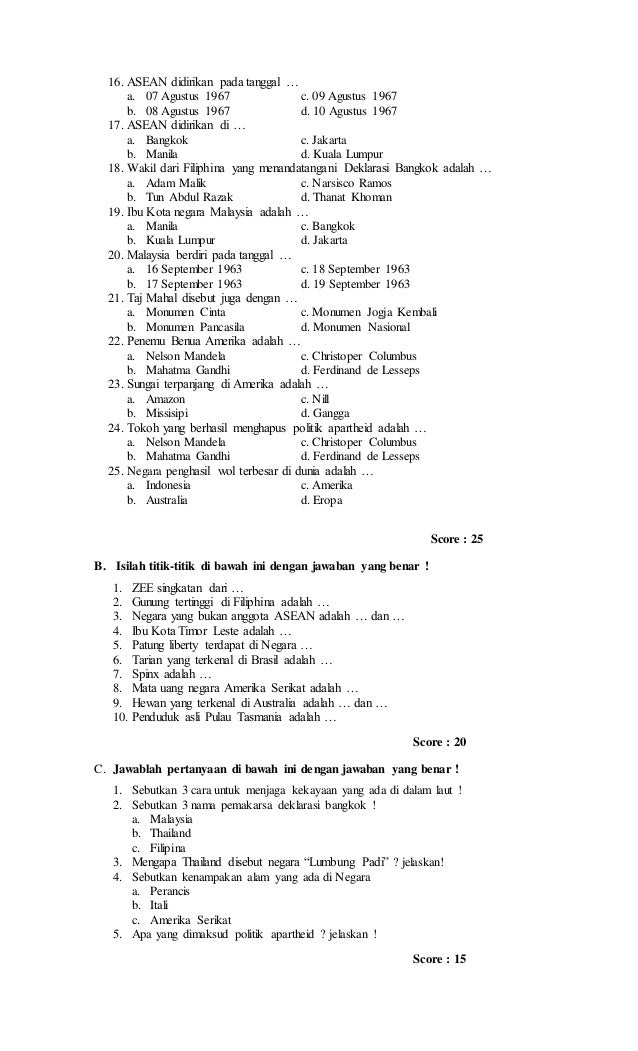 Soal Ips Kelas 6 Sd Tentang Asean Dan Kunci Jawaban - Guru Galeri