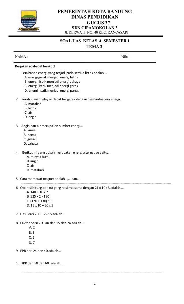 Soal Uas Kelas 4 Smtr 1 Tema 2