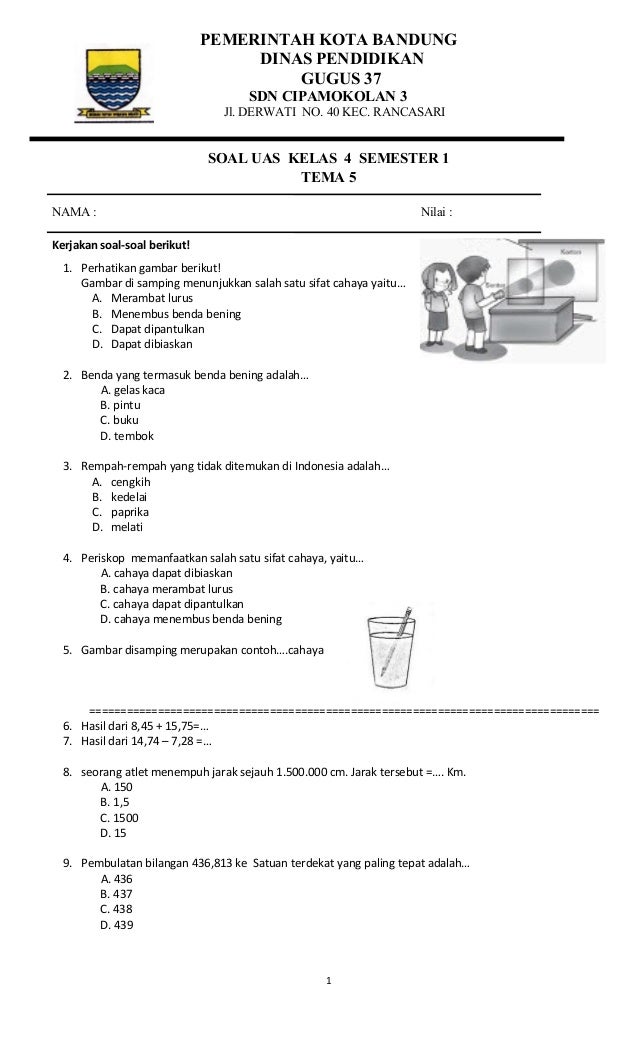  Soal  Ujian  Kelas  6 Semester 1 2021 Tema 5  Kunci Ujian 