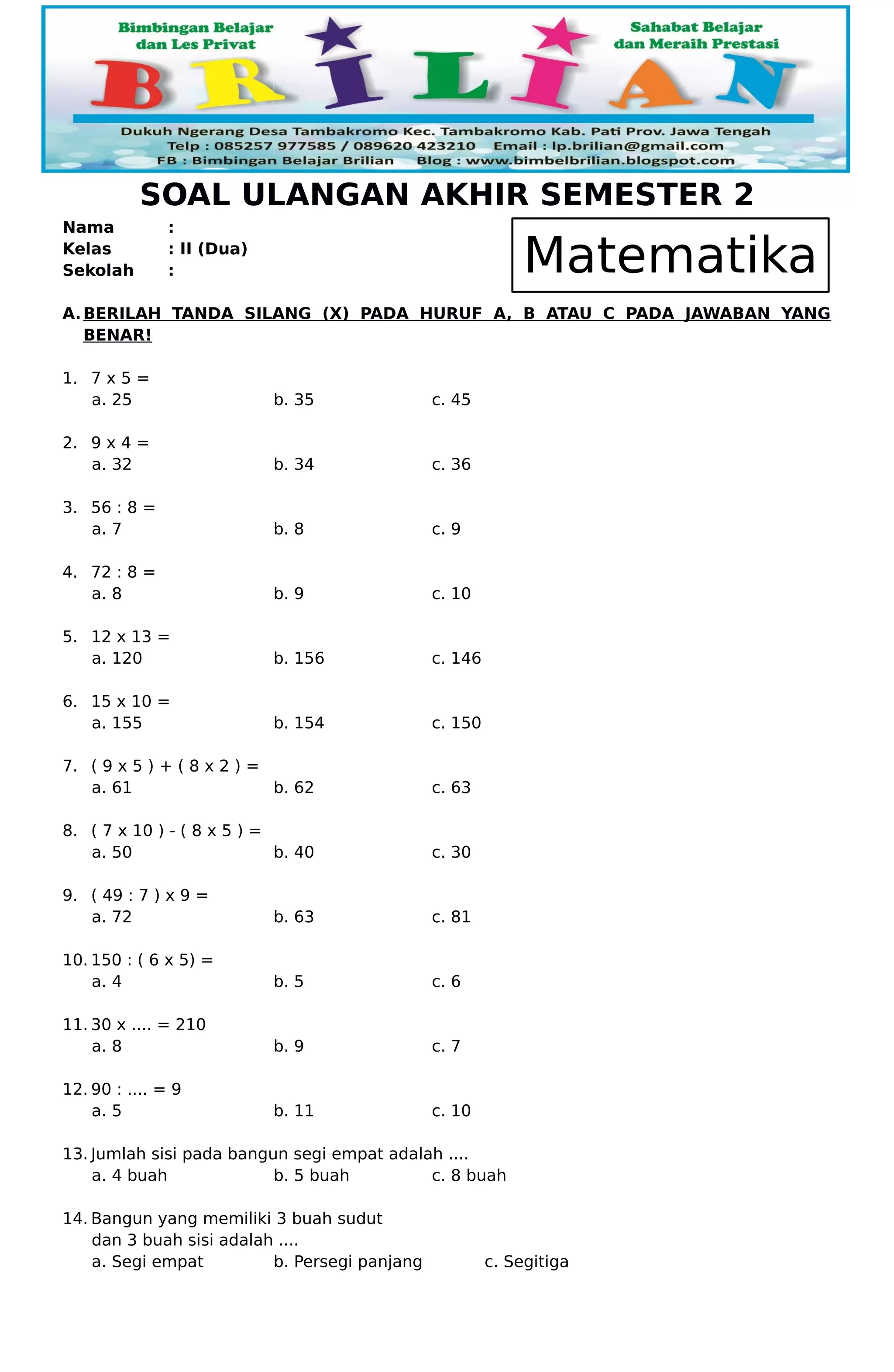 Soal Uas Matematika Kelas 2 Sd Semester 2 Dan Kunci Jawaban Pdf