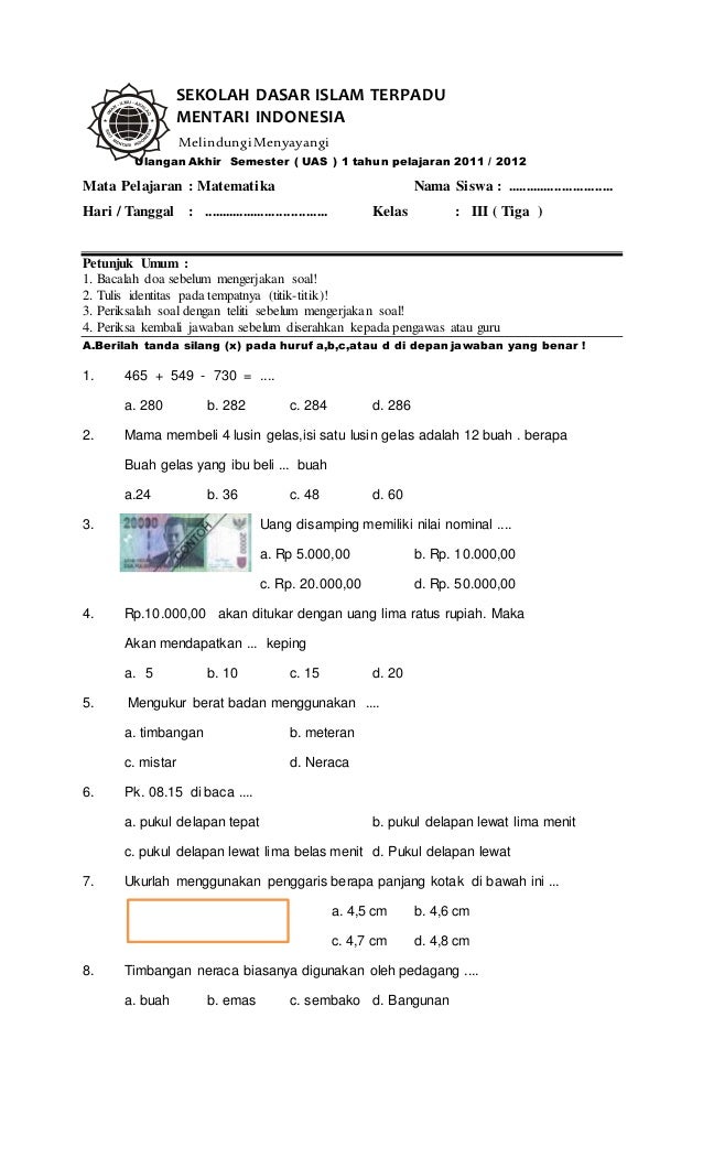 contoh Soal uas mtk kelas 3 semester 1