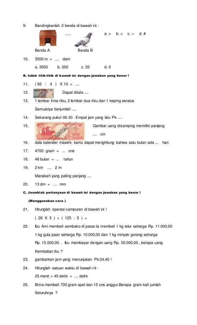 contoh Soal uas mtk kelas 3 semester 1