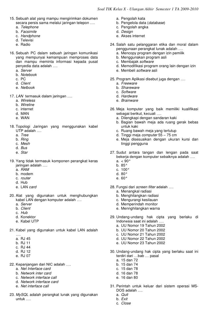 Soal Tik Kelas 10 Semester 2 Dan Kunci Jawaban