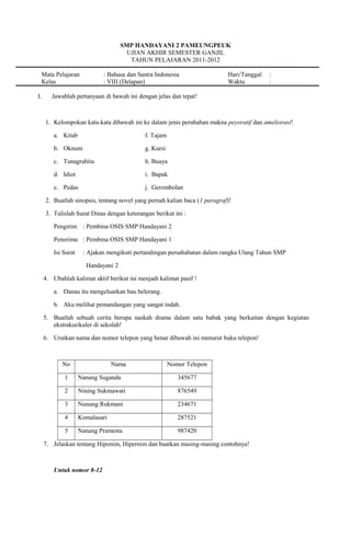 SMP HANDAYANI 2 PAMEUNGPEUK
UJIAN AKHIR SEMESTER GANJIL
TAHUN PELAJARAN 2011-2012
Mata Pelajaran : Bahasa dan Sastra Indonesia Hari/Tanggal :
Kelas : VIII (Delapan) Waktu :
I. Jawablah pertanyaan di bawah ini dengan jelas dan tepat!
1. Kelompokan kata-kata dibawah ini ke dalam jenis perubahan makna peyoratif dan ameliorasi!
a. Kitab f. Tajam
b. Oknum g. Kursi
c. Tunagrahita h. Buaya
d. Idiot i. Bapak
e. Pedas j. Gerombolan
2. Buatlah sinopsis, tentang novel yang pernah kalian baca (1 paragraf)!
3. Tulislah Surat Dinas dengan keterangan berikut ini :
Pengirim : Pembina OSIS SMP Handayani 2
Penerima : Pembina OSIS SMP Handayani 1
Isi Surat : Ajakan mengikuti pertandingan persahabatan dalam rangka Ulang Tahun SMP
Handayani 2
4. Ubahlah kalimat aktif berikut ini menjadi kalimat pasif !
a. Danau itu mengeluarkan bau belerang.
b. Aku melihat pemandangan yang sangat indah.
5. Buatlah sebuah cerita berupa naskah drama dalam satu babak yang berkaitan dengan kegiatan
ekstrakurikuler di sekolah!
6. Urutkan nama dan nomor telepon yang benar dibawah ini menurut buku telepon!
No Nama Nomor Telepon
1 Nanang Suganda 345677
2 Nining Sukmawati 876549
3 Nunung Rukmani 234671
4 Komalasari 287521
5 Nanang Pramesta 987420
7. Jelaskan tentang Hiponim, Hipernim dan buatkan masing-masing contohnya!
Untuk nomor 8-12
 