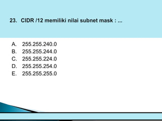 A.   255.255.240.0
B.   255.255.244.0
C.   255.255.224.0
D.   255.255.254.0
E.   255.255.255.0
 