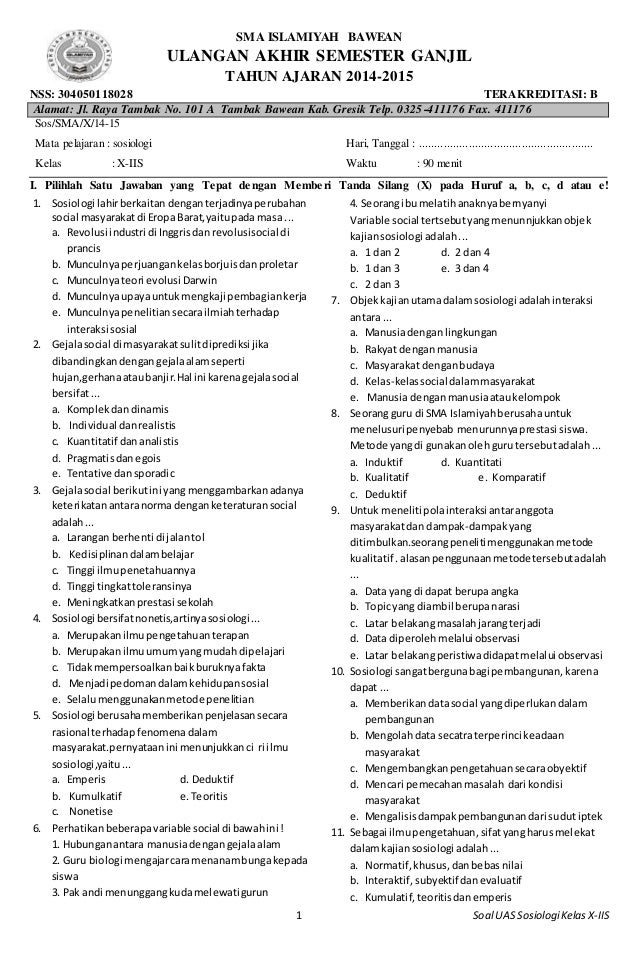 Contoh Soal Dan Jawaban Sosiologi Kelas 10 Semester 1 ...