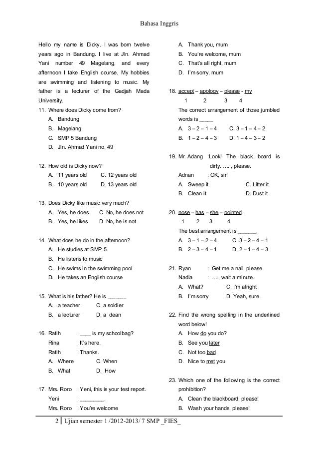 Soal Ujian Bahasa Inggris Semester 1 2012 2013 7 Smp