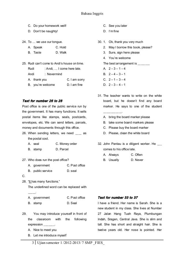 Soal ujian bahasa inggris semester 1 2012 2013 (7 smp)