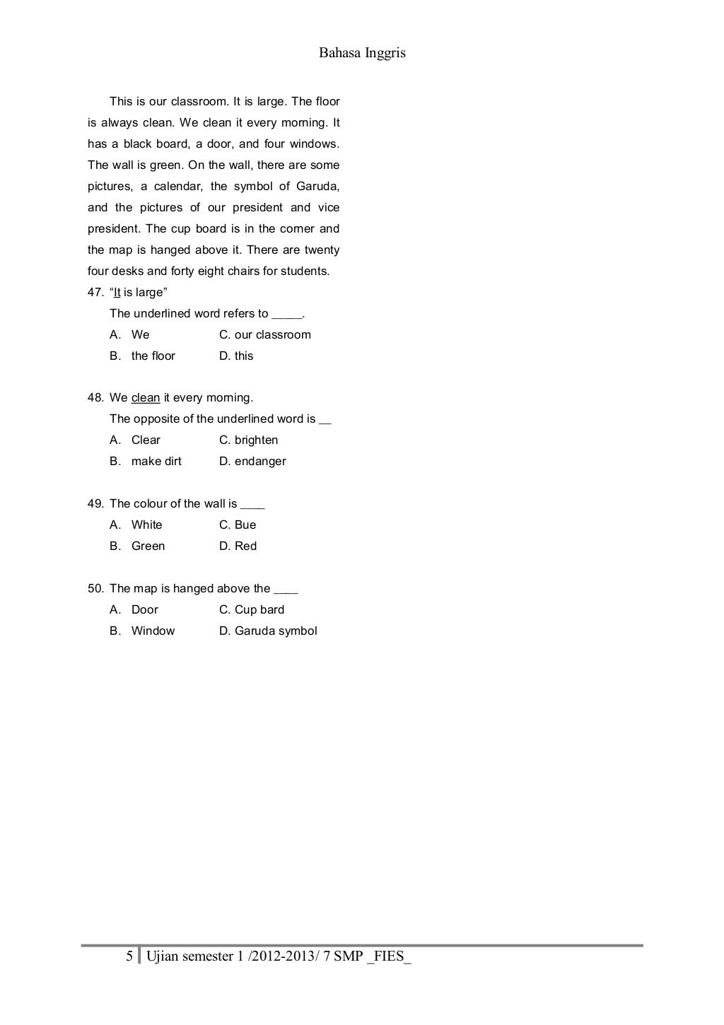 Soal ujian bahasa inggris semester 1 2012 2013 (7 smp)