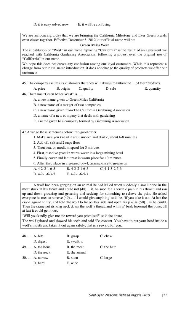 Soal Ujian Nasional Bahasa Inggris Tahun 2013 Naskah Reading