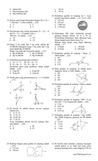 b. Faktor dari                                         c.   94 cm
   c. Dua kurangnya dari                                  d.   88 cm
   d. Dua lebihnya dari
                                                       25. Perhatikan gambar di samping ini ! Luas
                                                           daerah yang diarsir adalah ….( π = 3,14 ) (36)
18. Rumus suatu fungsi dinyatakan dengan f(x) = 2x +       a. 122 cm²
    5. Jika f(a) = 7, nilai a adalah ….(22)                b. 218 cm²
    a. -1                        c. 2                      c. 1.064 cm²
    b. 1                         d. 3                      d. 1.160 cm²

19. Penyelesaian dari sistem persamaan 3x + 5y = -9
    dan 5x + 7y = -19 adalah x dan y.                  26. Pekarangan Pak Jupri berbentuk persegi
    Nilai 4x + 3y adalah ….(14)                            panjang dengan ukuran 24 m x 18 m.
    a. -41                   c. -23                        Disekeliling pekarangan akan dipasang tiang
    b. -36                   d. -12                        lampu dengan jarak antara tiang 3 m.
                                                           Banyak tiang lampu yang dapat dipasang
20. Harga 2 kg salak dan 3 kg jeruk adalah Rp              adalah ….37
    32.000,00 sedangkan harga 3 kg salak dan 2 kg          a. 14 buah               c. 28 buah
    jeruk adalah Rp 33.000,00.                             b. 21 buah               d. 144 buah
    Harga 1 kg salak dan 5 kg jeruk adalah ….(15)
    a. Rp 49.000,00          c. Rp 37.000,00           27. Perhatikan gambar di samping ! Besar ∠
    b. Rp 41.000,00          d. Rp 30.000,00               ABD adalah ….(23)
                                                           a. 98°
21. Perhatikan persamaan gratis berikut !                  b. 105°
    I. 2y = x + 5    III. 4y = 2x – 12                     c. 112°
    II. 2y = 6x – 8  IV. 2y = -6x + 4                      d. 119°
    Persamaan garis yang grafiknya saling sejajar
    adalah ….(16)                                      28. Pada gambar di samping, O adalah pusat
    a. I dan III             c. II dan III                 lingkaran. Besar ∠ AOC adalah ….(24)
    b. II dan IV             d. I dan IV                   a. 48°
                                                           b. 58°
22. Grafik garis yang persamaannya 3y – x = 6 adalah       c. 84°
    ….(17)                                                 d. 126°
    a.                       c.
                                                       29. Perhatikan gambar di samping !. Nilai y adalah
                                                           ….(25)
                                                           a. 24°
                                                           b. 25°
   b.                       d.                             c. 26°
                                                           d. 34°

                                                       30. Perhatikan gambar di samping ! BD = 4 cm
                                                           dan AD = 3 cm. Panjang BC adalah ….(26)
                                                           a. 5 cm
                                                           b. 6,25 cm
23. Di bawah ini adalah ukuran sisi-sisi segitiga          c. 8 cm
    (dalam cm) :                                           d. 8,25 cm
    I. 9, 12, 13
    II. 5, 12, 15                                      31. Perhatikan gambar di samping ! Jika ΔABC
    III. 16,20, 30                                         dan ΔPQR kongruen, panjang sisi PR adalah
    IV. 7, 24, 25.                                         ….(27)
    Yang merupakan ukuran sisi-sisi segitiga siku-         a. 10 cm
    siku adalah …. (34)                                    b. 8 cm
    a. I                 c. III                            c. 7 cm
    b. II                d. IV                             d. 6 cm




24. Keliling bangun pada gambar di samping adalah      32. Di bawah sinar matahari, panjang bayangan
    ….(35)                                                 sebuah pohon 12 m. Pada saat yang sama,
    a. 113 cm                                              panjang bayangan Roy yang tingginya 150 cm
    b. 106 cm

                                                                                  smp196jkt@gmail.com
 