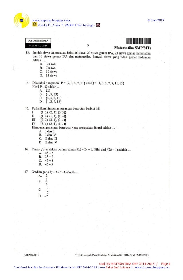 Soal Ujian Nasional Matematika Smp 2015 Un Matematika Smp 2015 Pake