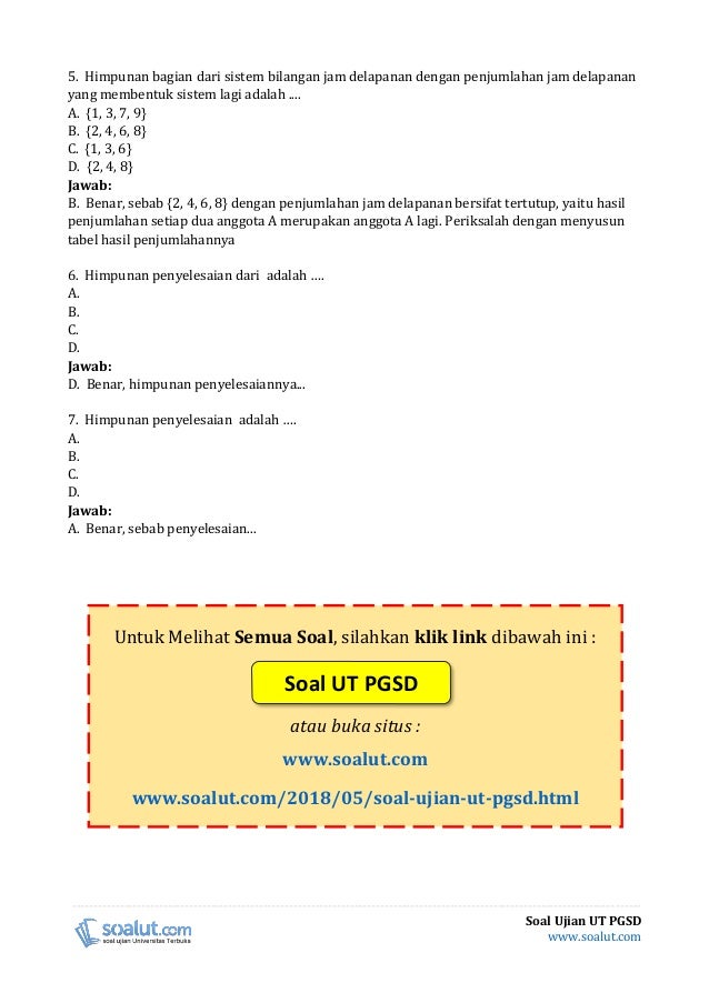  Soal Ujian UT PGSD PDGK4108 Matematika