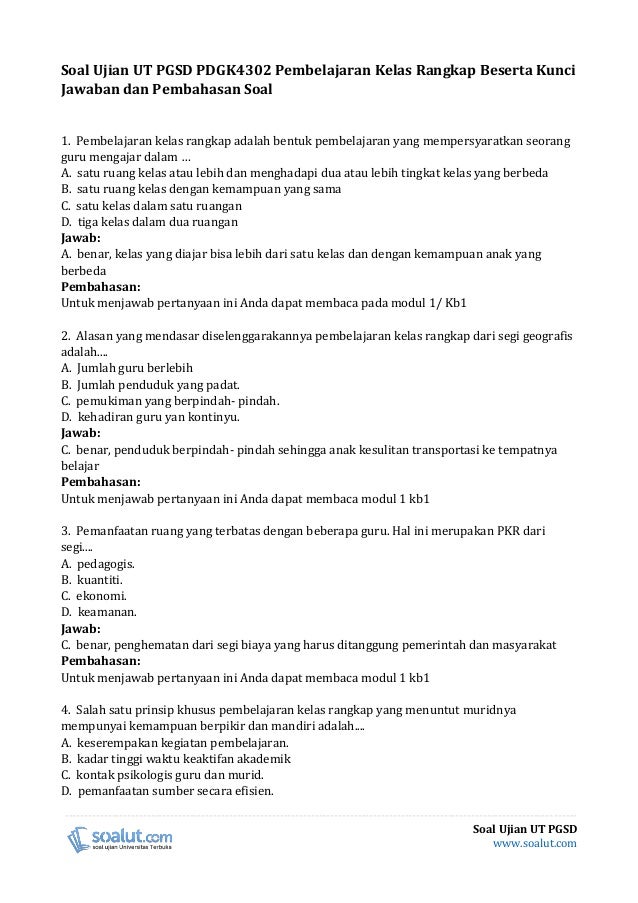  Soal  Ujian  UT  PGSD  PDGK4302 Pembelajaran Kelas Rangkap