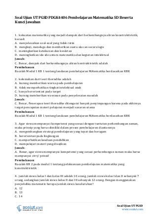 Soal Ujian UT PGSD PDGK4406 Pembelajaran Matematika SD