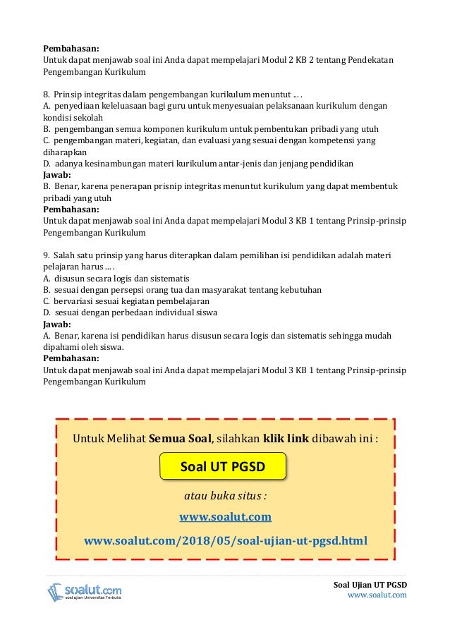 Soal Ujian UT PGSD PDGK4502 Pengembangan Kurikulum dan