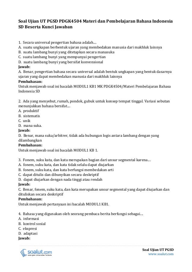 Soal Ujian Ut Pgsd Pdgk4504 Materi Dan Pembelajaran Bahasa Indonesia