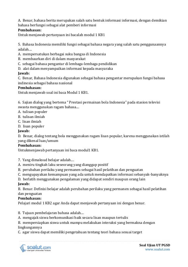 Soal Ujian Materi Dan Pembelajaran Bahasa Indonesia Sd Pdgk 4504 Jawabanku Id