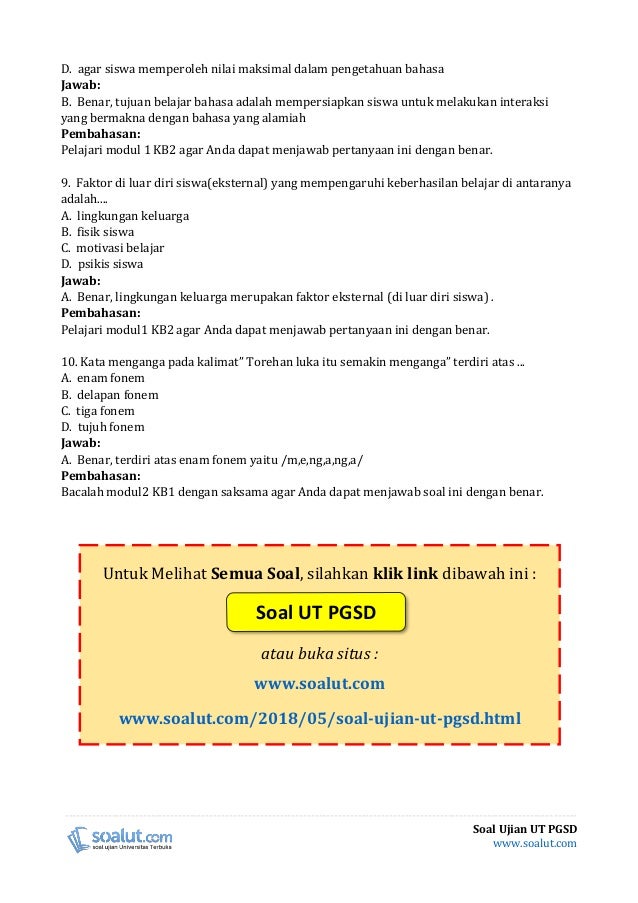 Soal Ujian Ut Pgsd Pdgk4504 Materi Dan Pembelajaran Bahasa Indonesia