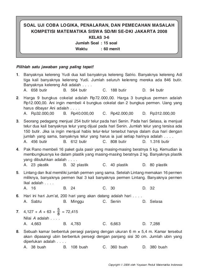 38+ Contoh soal olimpiade matematika sd kls 4 sd pilihan berganda information