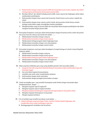 8
Naskah Soal Guru Berprestasi Tahun 2015
A. Berkomunikasi dengan orang tua peserta didik dan masyarakat secara santun, empatik, dan efektif
tentang program pembelajaran dan kemajuan peserta didik.
B. Bersikap inklusif dan objektif terhadap peserta didik, teman sejawat dan lingkungan sekitar dalam
melaksanakan pembelajaran
C. Berkomunikasi dengan teman sejawat dan komunitas ilmiah lainnya secara santun, empatik dan
efektif
D. berkomunikasi dengan teman sejawat, profesi ilmiah, dan komunitas ilmiah lainnya melalui
berbagai media dalam rangka meningkatkan kualitas pendidikan
E. Mengikutsertakan orang tua peserta didik dan masyarakat dalam program pembelajaran dan dalam
mengatasi kesulitan belajar peserta didik
30. Perwujudan kompetensi sosial guru dalam berkomunikasi dengan komunitas profesi sendiri dan profesi
lain secara lisan dan tuliasan atau bentuk lain adalah ........
A. Melaksanakan komunikasi dengan orang tua
B. Melaksanakan komunikasi dengan teman sejawat
C. Melaksanakan berbagai program dalam lingkungan kerja
D. Melaksanakan komunikasi dengan siswa dan pimpinan
E. Melaksanakan komunikasi dengan instansi terkait
31. Perwujudan kompetensi sosial guru dalam beradaptasi di tempat bertugas di seluruh wilayah Republik
Indonesia adalah ......
A. Melaksanakan komunikasi dengan orang tua
B. Melaksanakan komunikasi dengan teman sejawat
C. Melaksanakan berbagai program dalam lingkungan kerja
D. Melaksanakan komunikasi dengan siswa dan pimpinan
E. Melaksanakan komunikasi dengan instansi terkait
32. Sikap yang harus dilakukan guru yang sering dijadikan panutan oleh masyarakat adalah........
A. mengenal nilai-nilai yang dianut danberkembang di masyarakat tempat melaksanakan tugas dan
bertempat tinggal
B. ikut serta dalam kegiatan kemasyarakatan
C. mendidik anak untuk selalu memperhatikan pelajaran
D. berkomunikasi dengan tokoh masyarakat
E. berkomunikasi dengan perangkat pemerintahan setempat
33. Untuk mewujudkan guru yang memiliki kemampuan untuk berbaur dengan masyarakat dapat
diimplementasikan dengan ........
A. Mengikuti kegiatan rapat di tingkat RT
B. Mengikuti kegiatan rapat di tingkat kelurahan
C. Mengikuti kegiatan keolahragaan, keagamaan dan kepemudaan di masyarakat sekitar
D. Mengikuti kegiatan berkampanye di masyarakat
E. Menguti kegiatan berdiskusi
34. Ciri-ciri pribadi yang memiliki kecerdasan sosial adalah ......
A. Adanya hubungan yang kuat dengan Tuhan, memberi manfaat kepada lingkungan, dan
menghasilkan karya untuk membangun orang lain
B. Bertanggungjawab, berdedikasi dan berwibawa
 