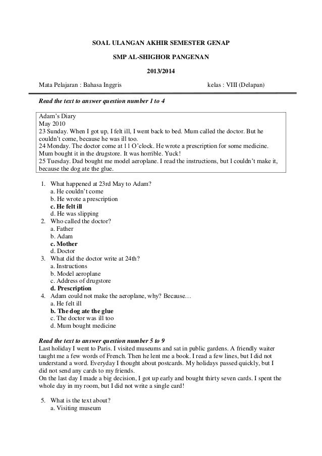 Soal Essay Bahasa Inggris Kelas 9 Semester 1 Kurikulum 2013